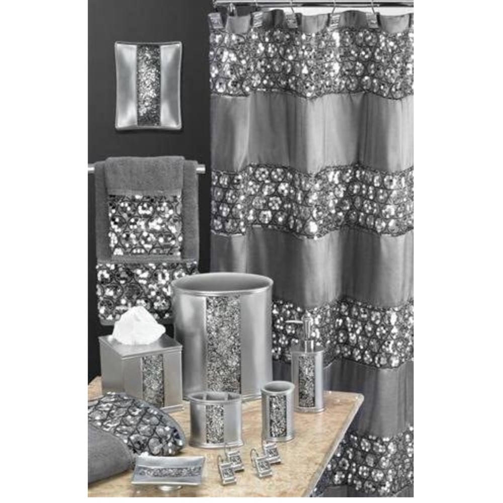 Silver Sequined Material Shower Curtain Glimmer - Picture 2 of 7